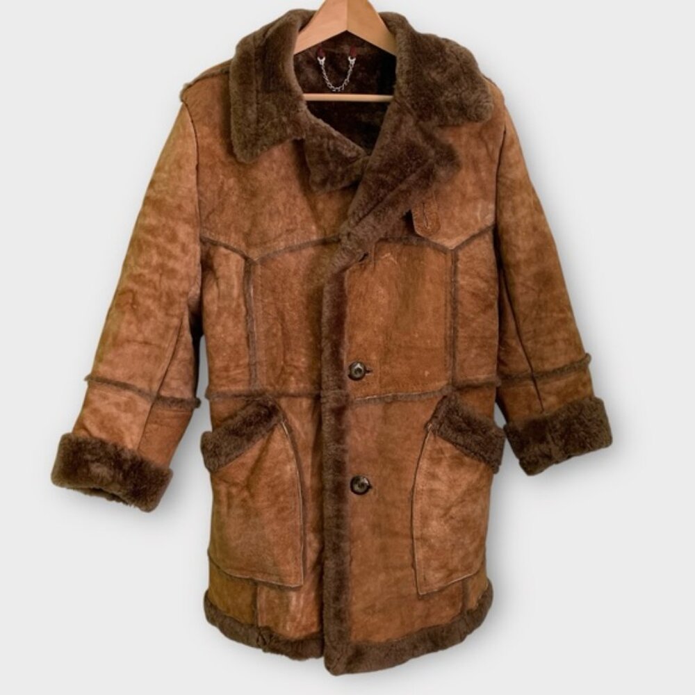 Vintage 70s 80s Sears Sheepskin Shearling Fur Rancher Coat - Picture 6 of 10